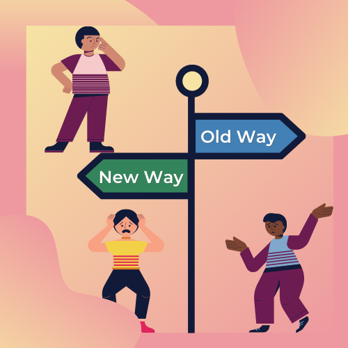 Three people looking confused around a street sign reading "Old Way" and "New Way" to illustrate fears around change. 