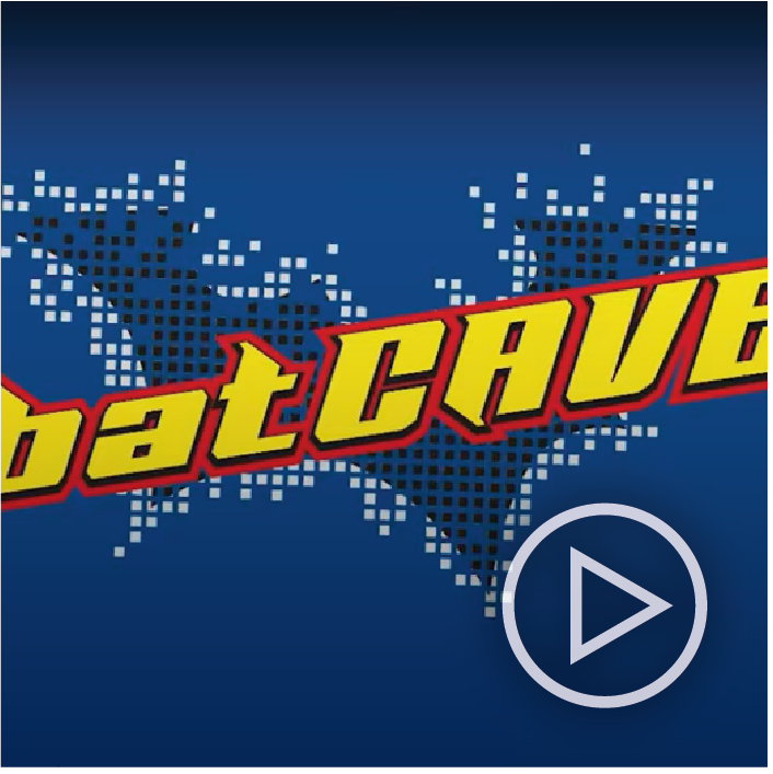 Image of a bat logo with the words "bat cave" with a play icon overlay