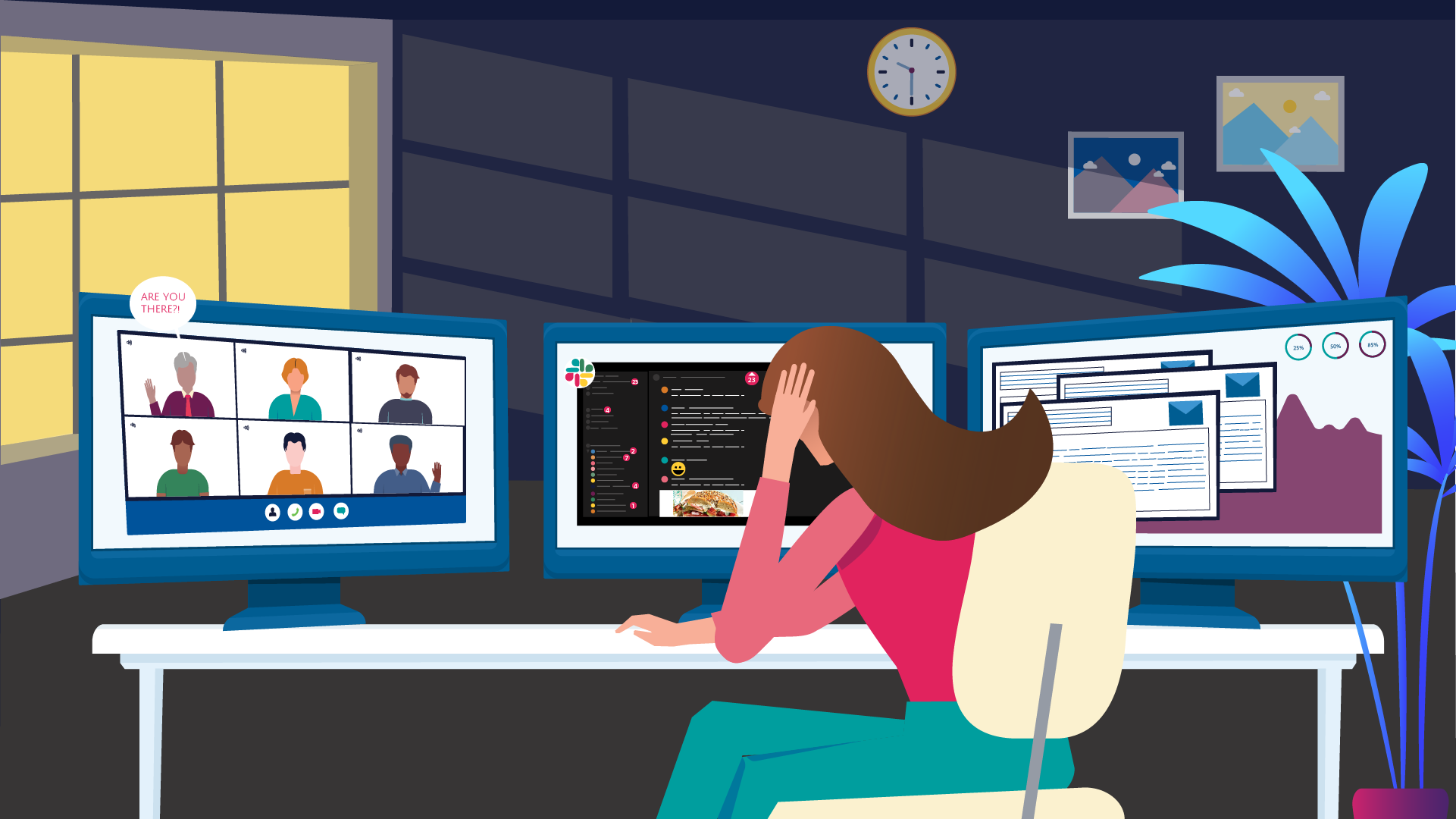 Graphic of overwhelmed woman at desk with three computer monitors.