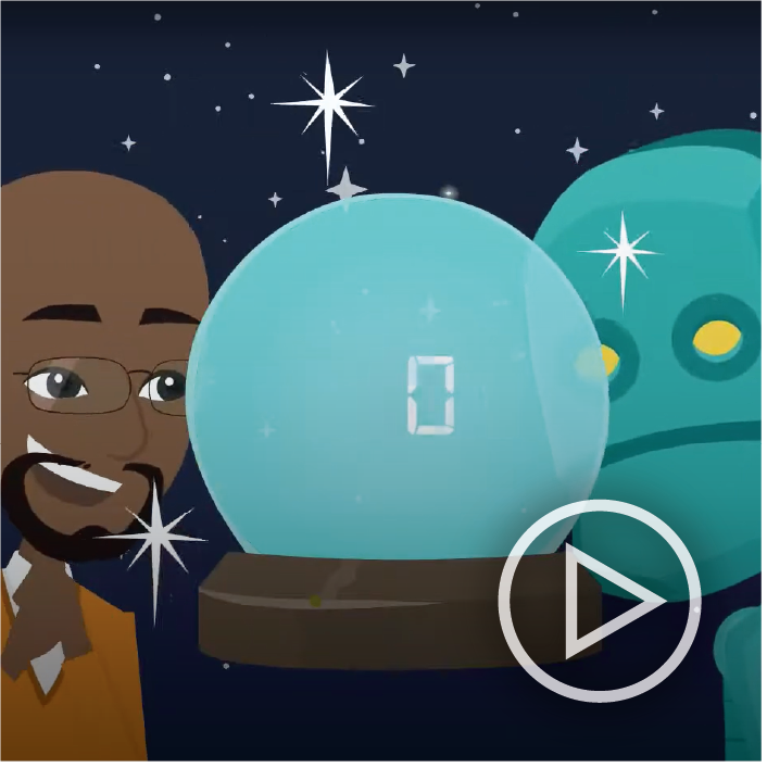 Image of a scientist and a robot overlaid by a "play" icon