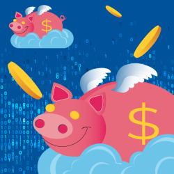 Graphic of smiling piggy bank with angel wings on a cloud.