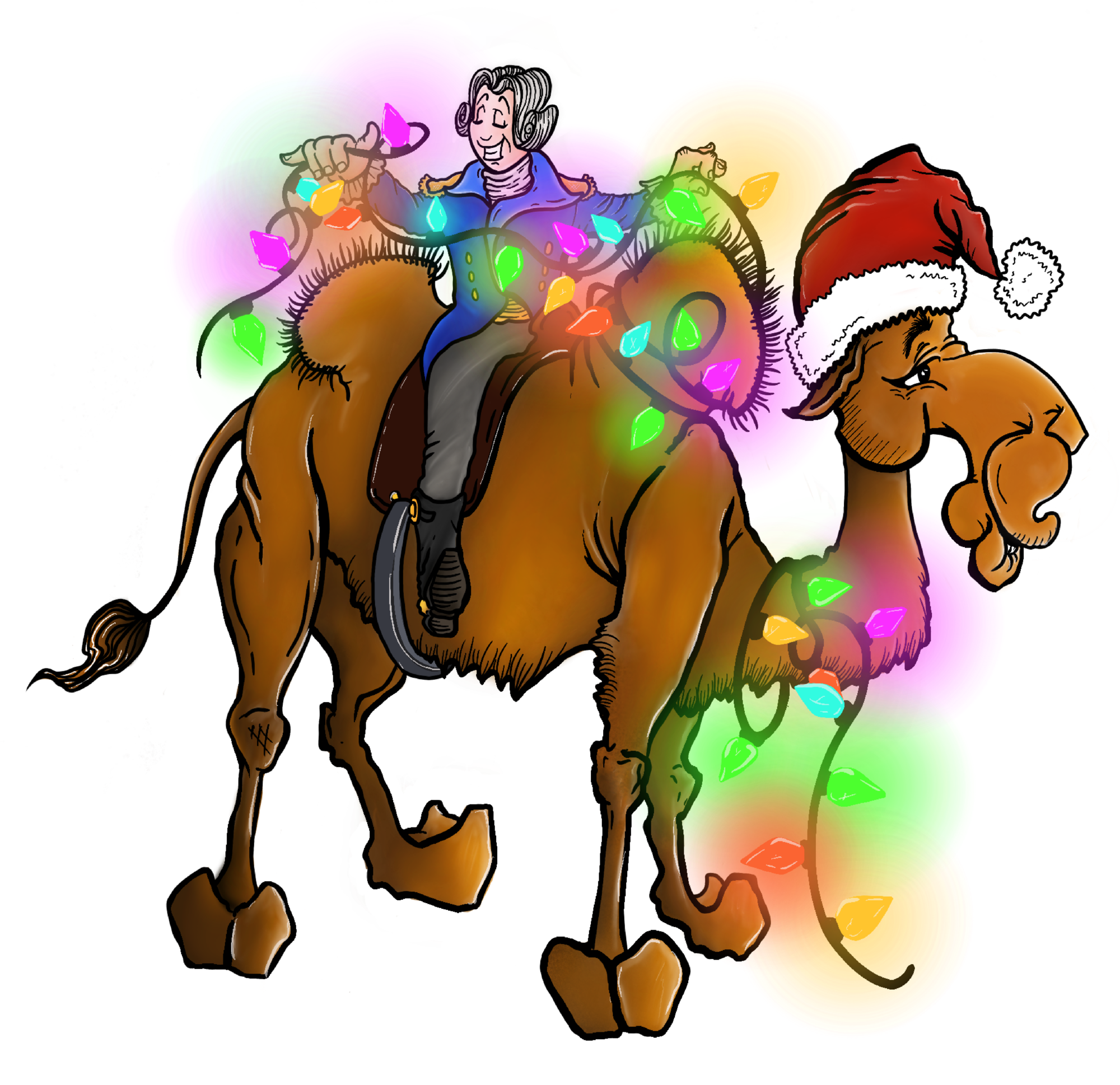 Image of George Washington on a Camel with Holiday Lights