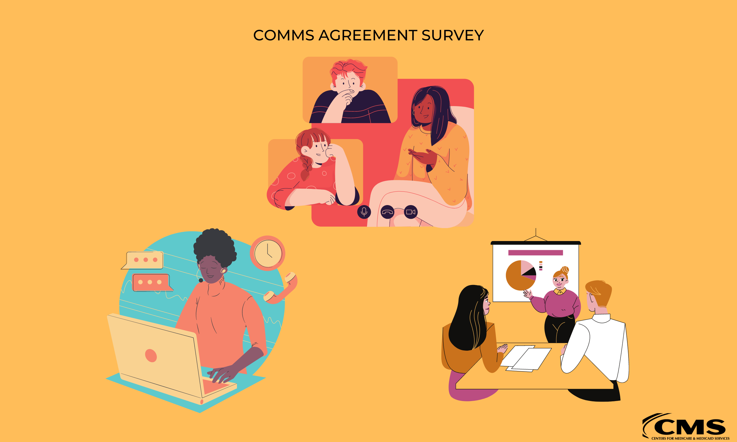 Graphic of people communicating, meeting, and working on computers.