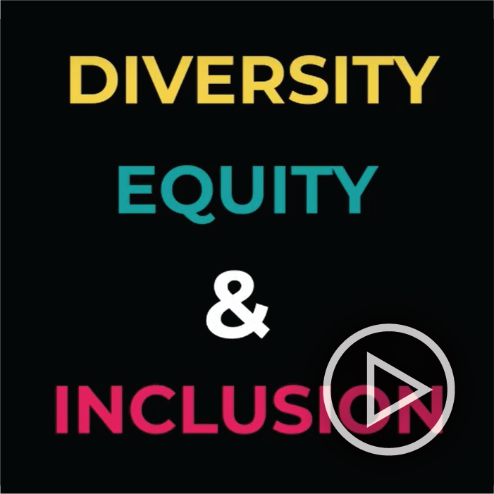 The words "Diversity, Equity & Inclusion" in bright colors on a black background