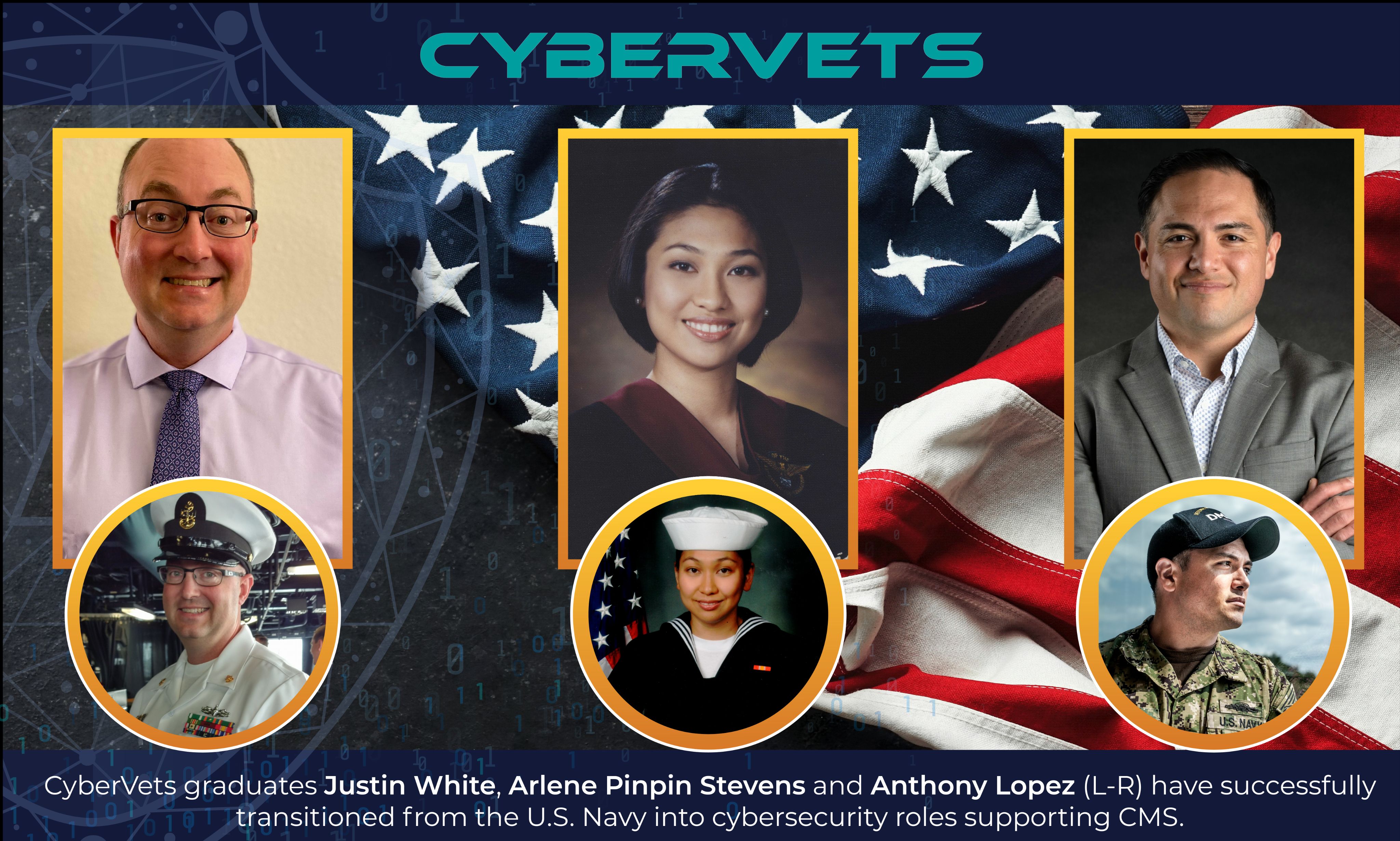 Photo of CyberVets graduates Justin White, Arlene Pinpin Stevens and Anthony Lopez, who have successfully transitioned from the U.S. Navy into cybersecurity roles supporting CMS.