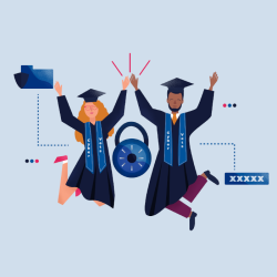 Graphic of two graduates wearing caps and gowns jumping in the air.