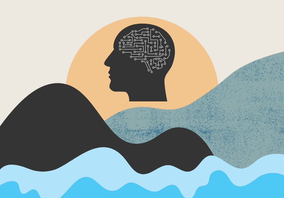 Image of human head with circuits in brain area hovering over mountains and a lake