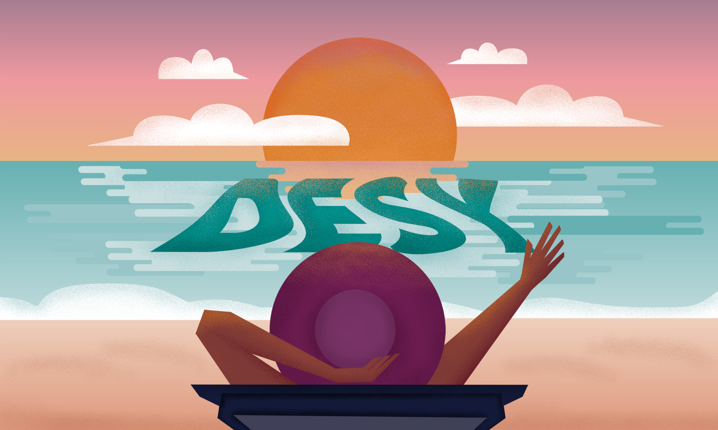 Graphic of sunbather on the beach waving to the word "DESY" in the water on the horizon as the sun sets.