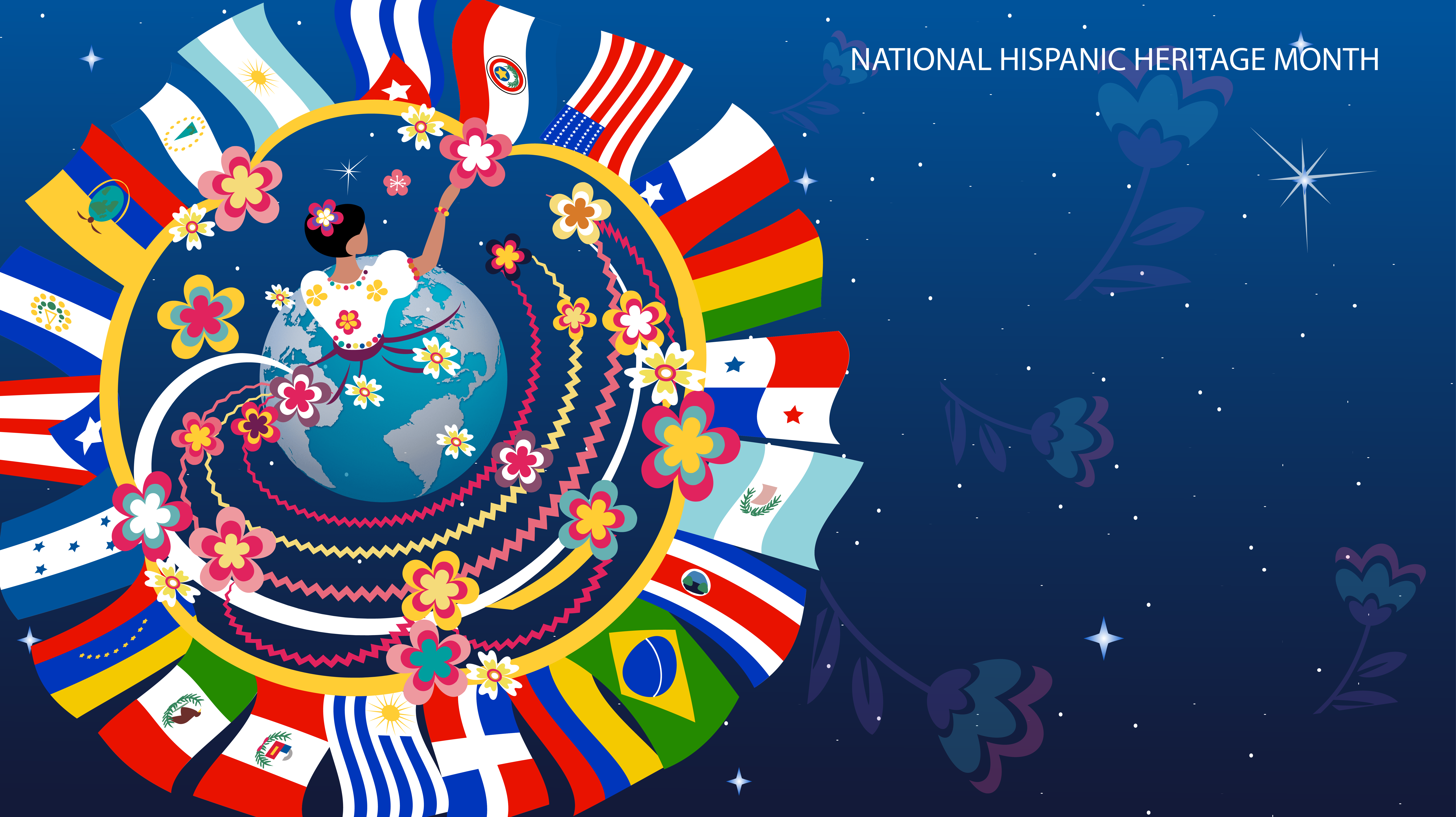 Graphic of a dancing woman whose form resembles the globe with a dress comprised of flowers and the flags of Latin American nations