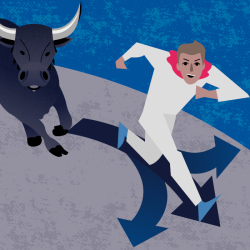 Graphic of man wearing white with red scarf running from bull.