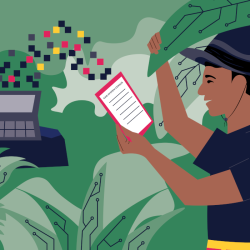 Graphic of man in pith hat with document reading "CMS System Census" feeding data into a laptop in the middle of the jungle.
