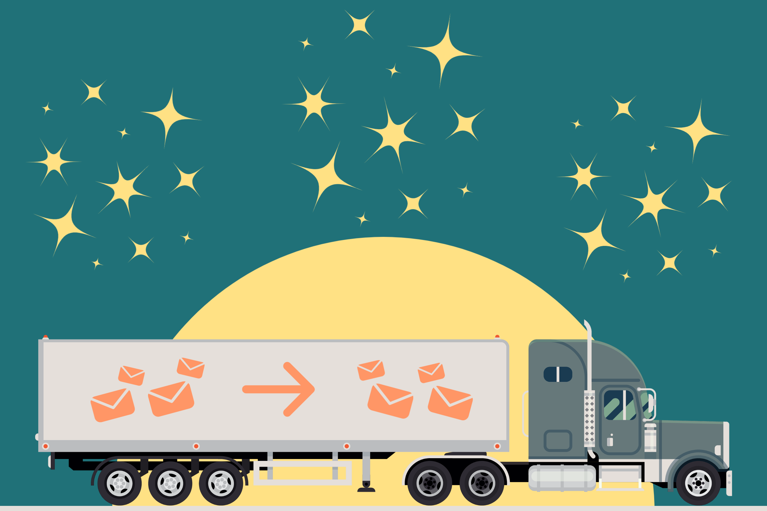Graphic of an 18-wheeler truck with email logos on the side driving through the night with stars and a full moon in the background.