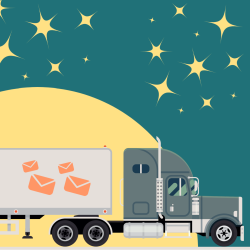 Graphic of an 18-wheeler truck with email envelopes on the side driving through the night.