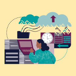 Graphic of a woman using a computer to send data to the cloud. A clock in the background conveys time-sensitive nature of data transfer.