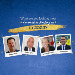 Blue banner reading "What are you looking most forward to working on in 2023?" with photos of Doug Nock, Glenn Eyler, Tammy Johnson, and Karan Patel