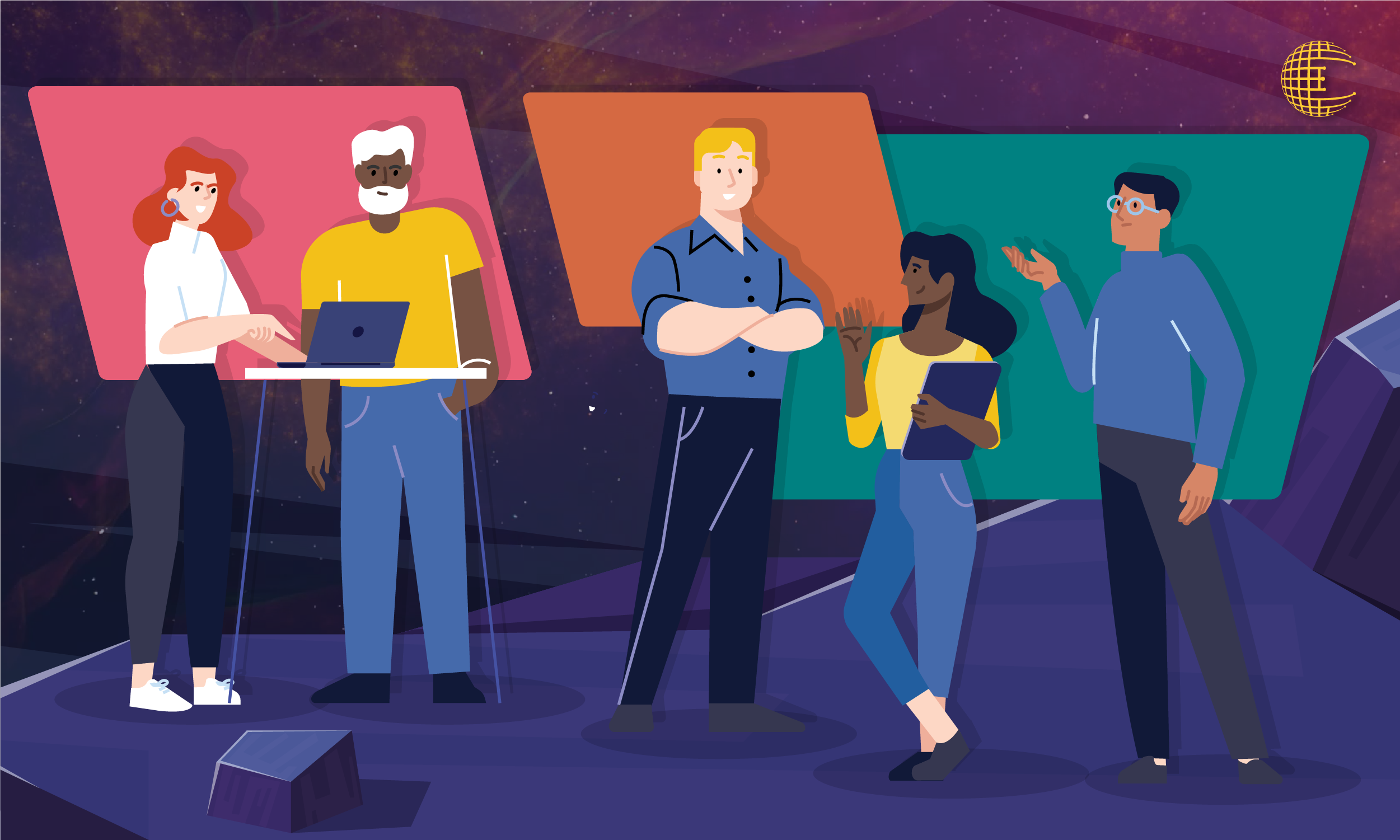 Graphic of five people talking and working on laptops on an asteroid