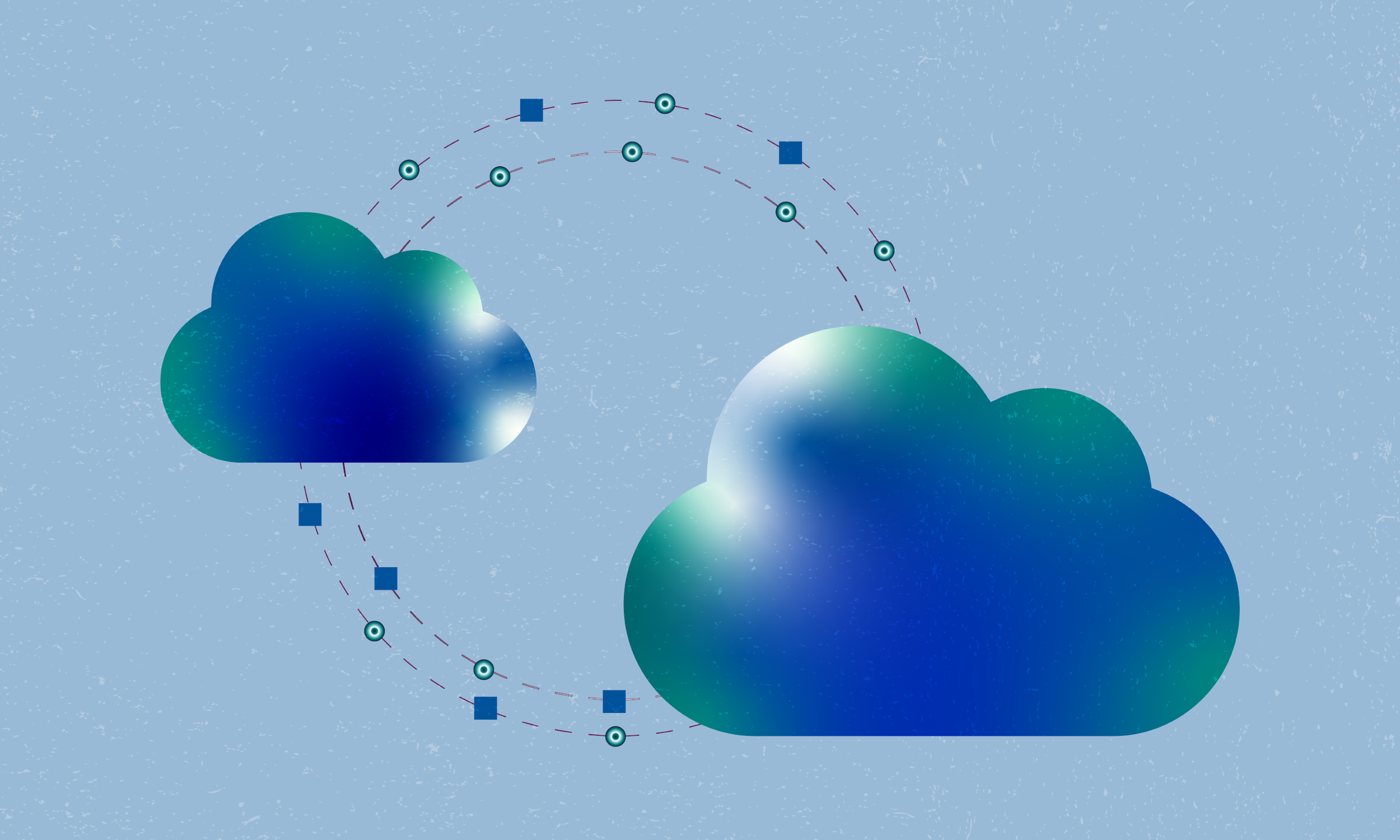 Graphic with two blue-green clouds connected by circular loop of dashes, circles, and squares to represent data transfer