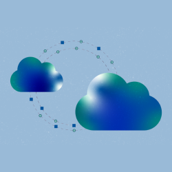 Graphic with two blue-green clouds connected by circular loop of dashes, circles, and squares to represent data transfer