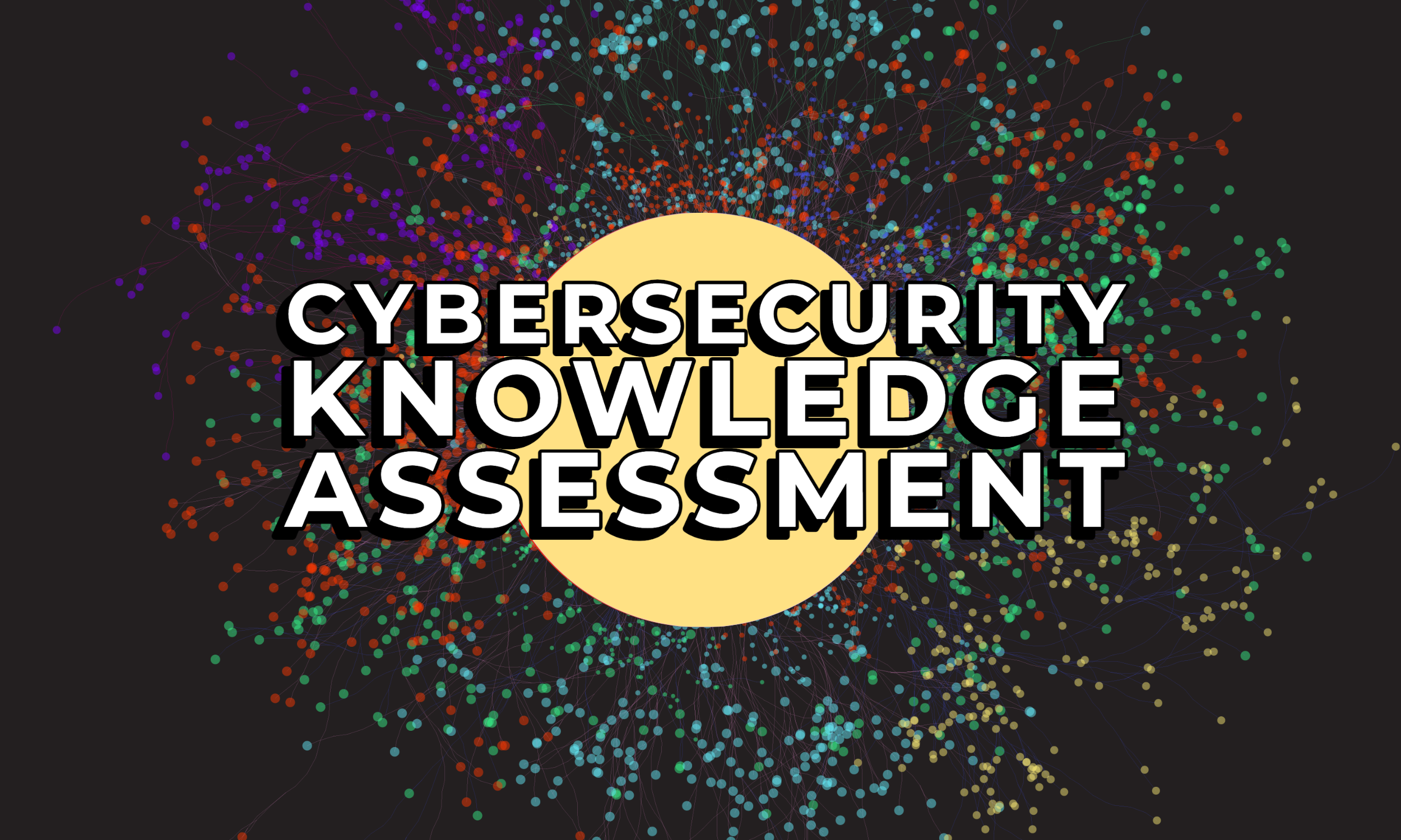 Graphic of multicolored points of light connected by lines with a light yellow circle in the middle and the words "Cybersecurity Knowledge Assessment"