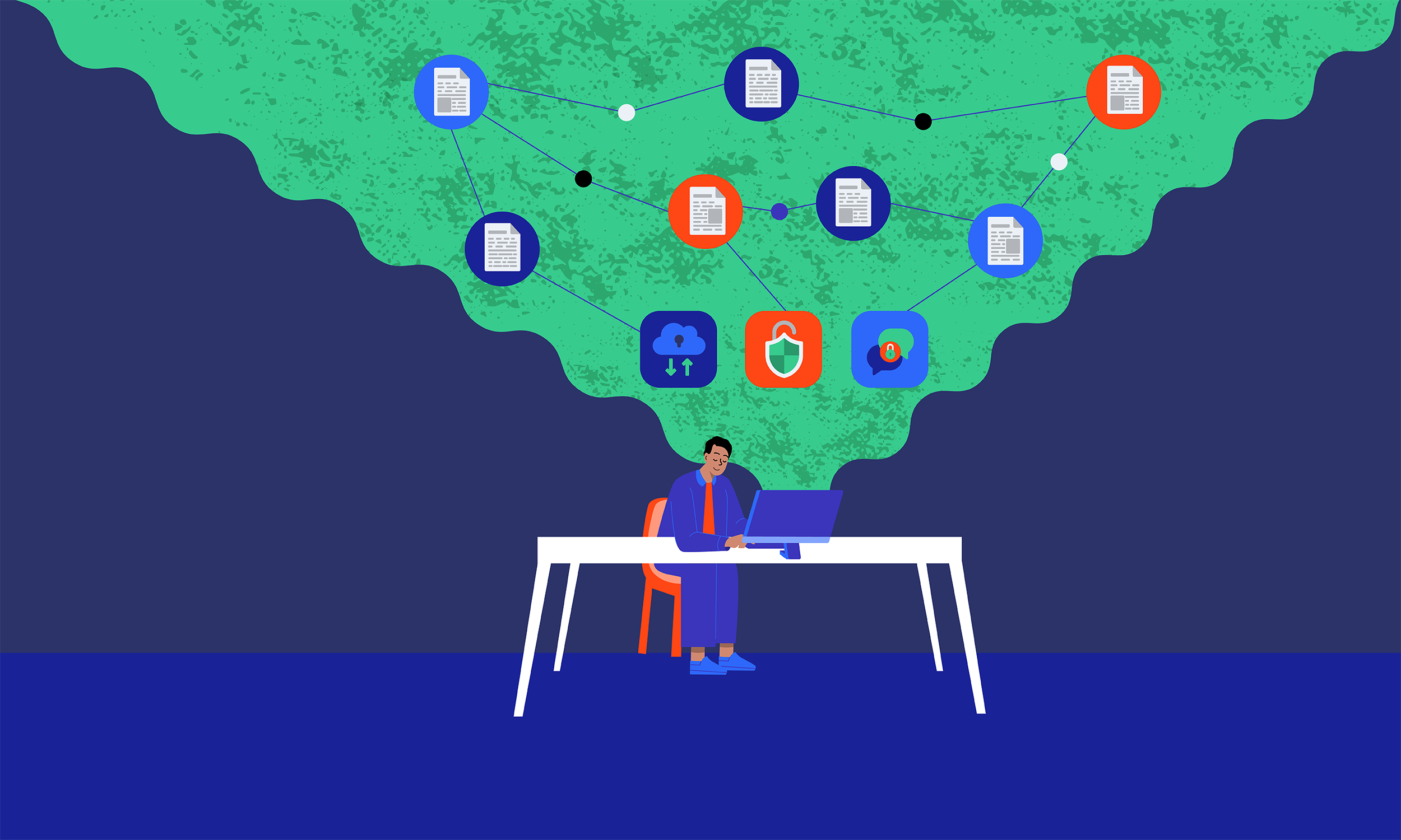 Graphic of man working at computer with connected icons representing files and cloud security hovering overhead