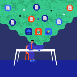 Graphic of man working at computer with connected icons representing files and cloud security hovering overhead