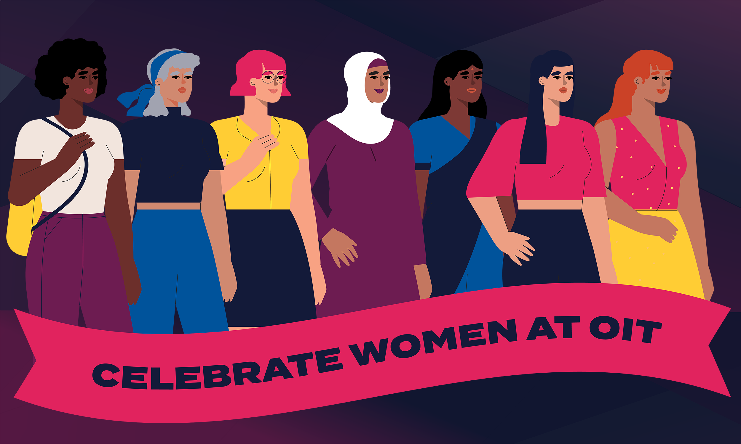 Graphic of six women of various races and ethnicities standing shoulder to shoulder above a banner reading "Celebrate Women at OIT"