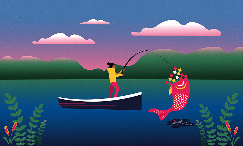 Graphic of woman in boat on lake catching a giant fish with bits of data coming out of its mouth
