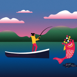 Graphic of woman in boat on lake catching a giant fish with bits of data coming out of its mouth