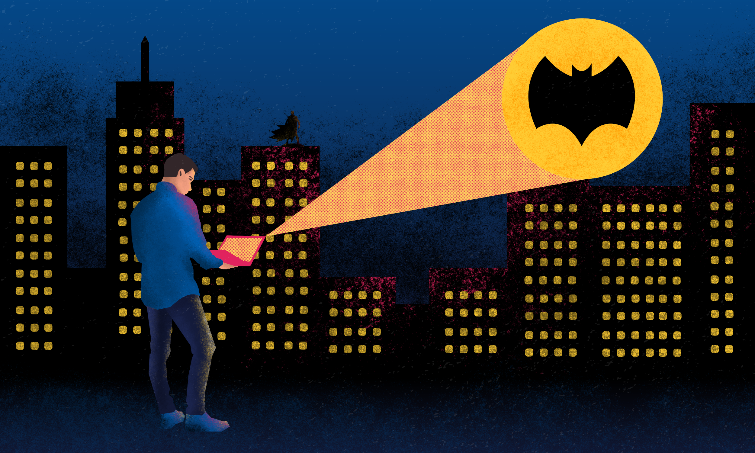Graphic of man opening a laptop to reveal a bat signal spotlight against a city background at night