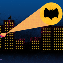 Graphic of bat signal spotlight against a city background at night