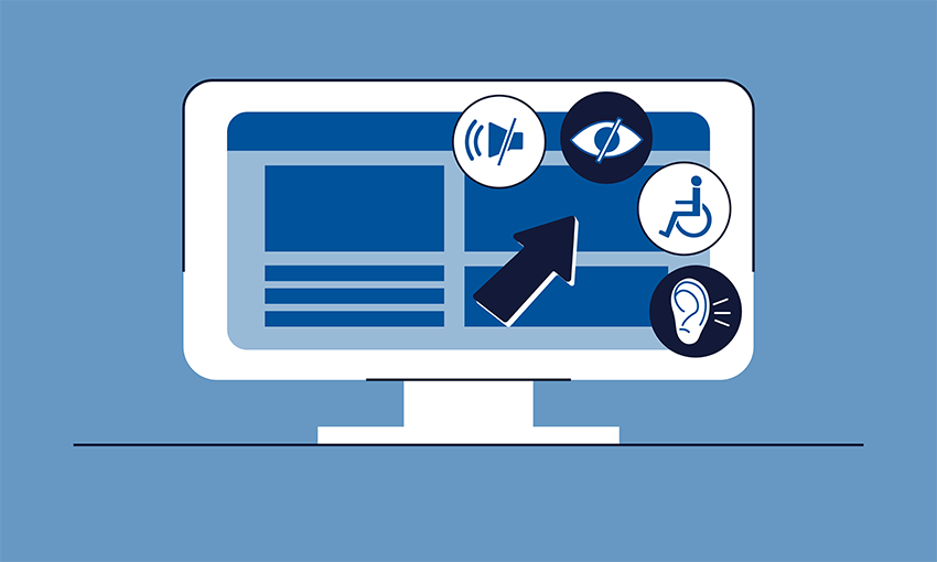Graphic of a computer monitor with an arrow pointing to icons denoting visual, auditory, and mobility-related disabilities