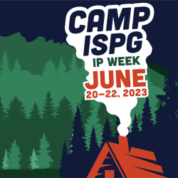 Green mountain and pine trees against a dark blue sky with a red cabin at lower right with chimney smoke spelling out Camp ISPG IP Week June 20-22, 2023