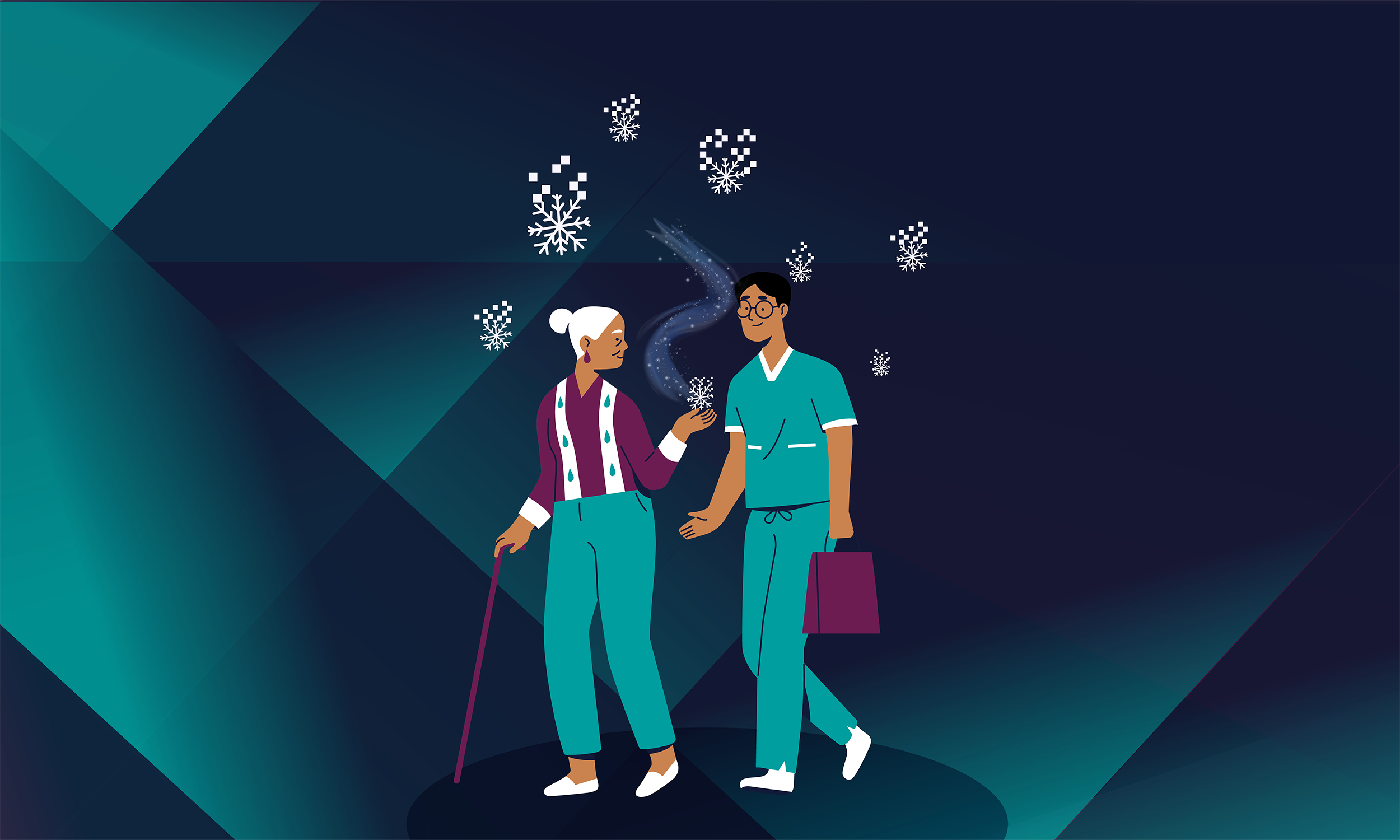 Graphic of male healthcare worker assisting elderly woman as snowflakes fall