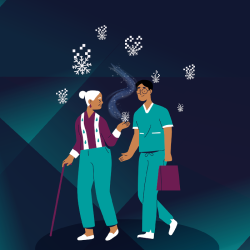 Graphic of male healthcare worker assisting elderly woman as snowflakes fall