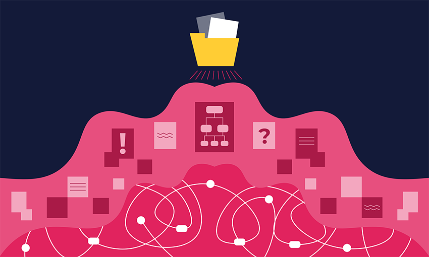 Graphic of a yellow folder at the top of a pink mound of connected workflow items