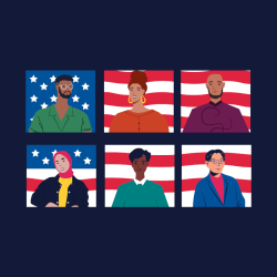 Graphic depiction of Zoom-style screen shot with 6 people of various races and ethnicities in front of a U.S. flag