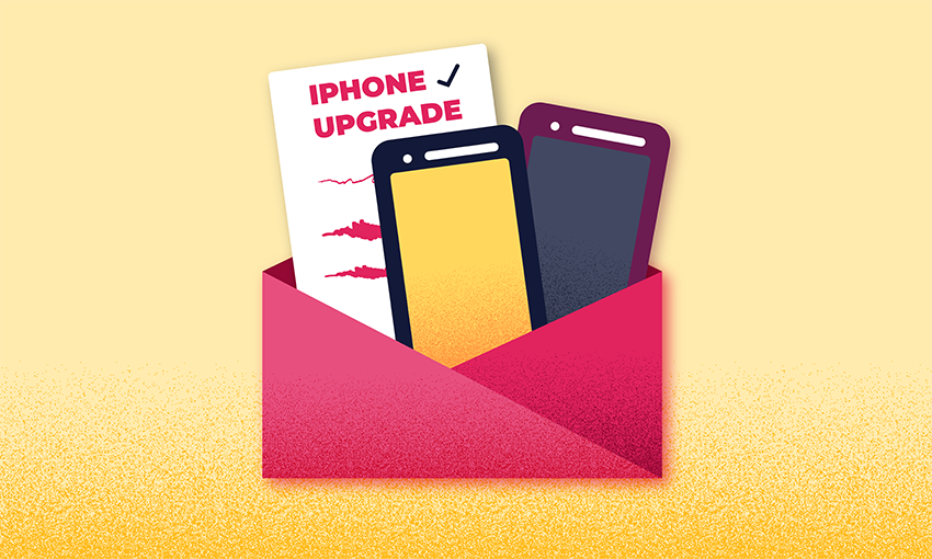 Graphic of envelope containing two iPhones and a note titled "iPhone Upgrade"