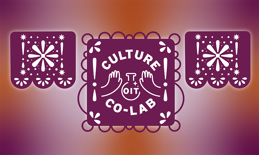 Culture Co-Lab logo in white set against purple papel picado-style graphic for Hispanic/Latinx Heritage Month