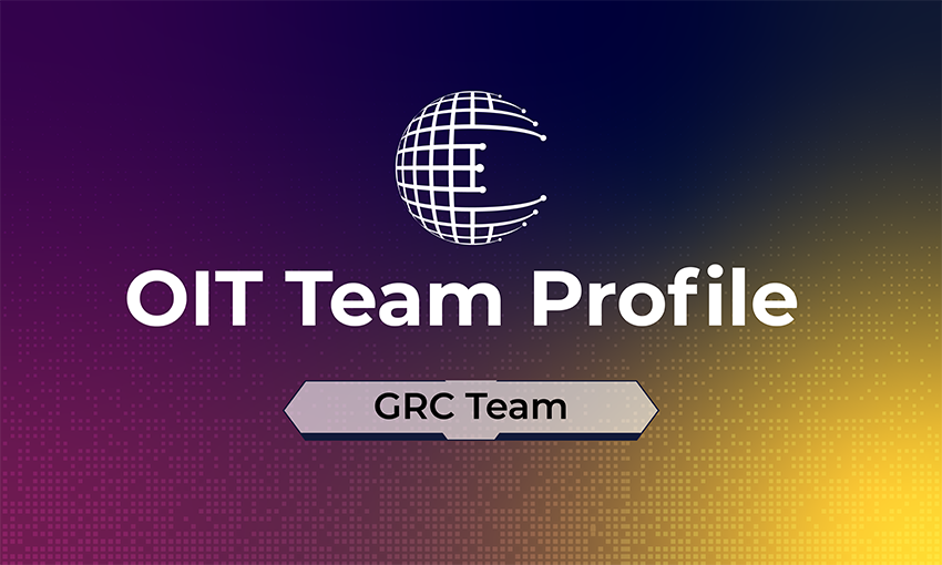 Purple and Yellow Background Gradient with Globe and OIT Team Profile Text in middle with GRC Team text underneath