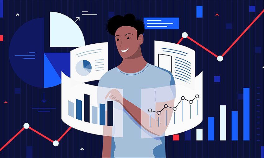 Man centered around graphs and data charts with a blue background