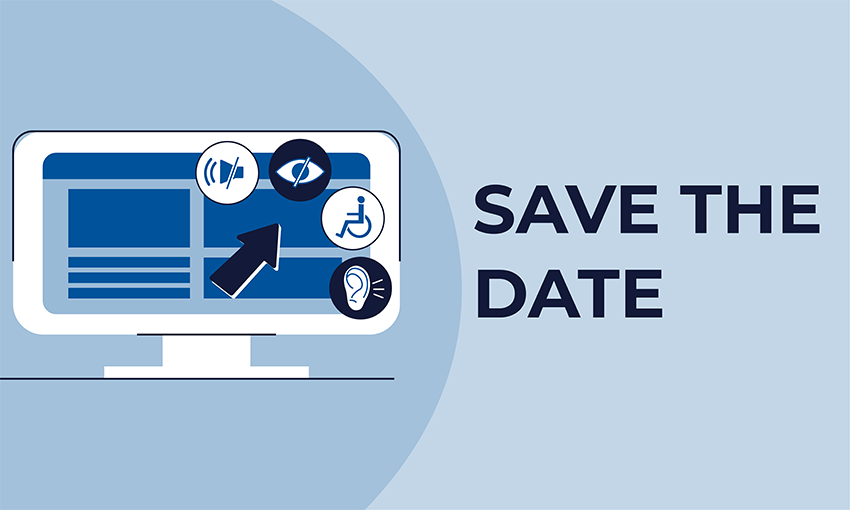 Save the Date Text with Accessibility Icons to the Left on Blue Background