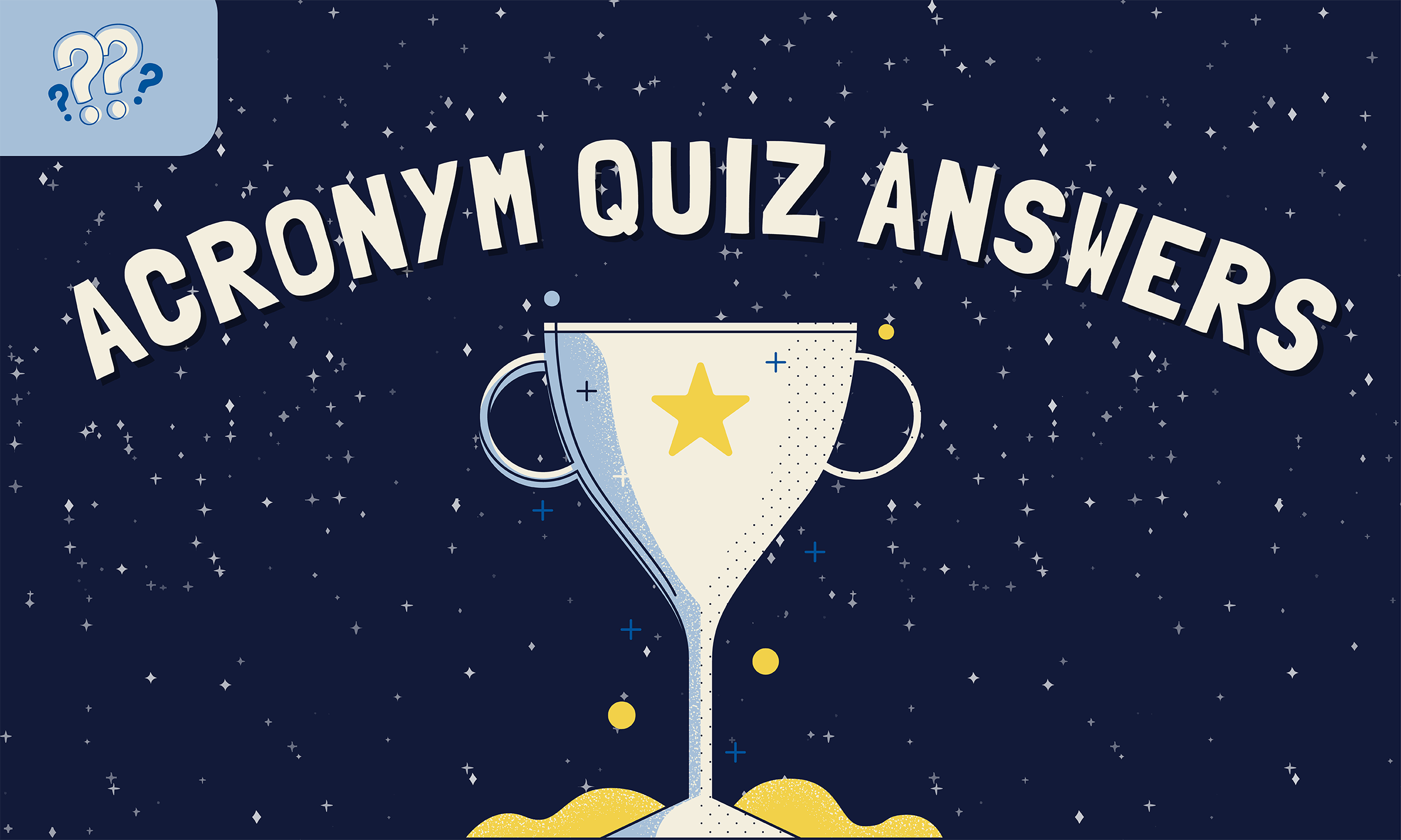 Acronyms Quiz Answers with Trophy on Blue Star Background