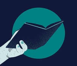 Graphic of dark blue book held by a hand in front of a teal circle on a dark blue backfground