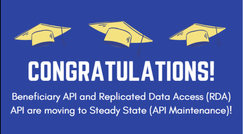 Graduation caps and text congratulating Beneficiary API and Replicated Data Access (RDA) for moving to Steady State (API Maintenance)