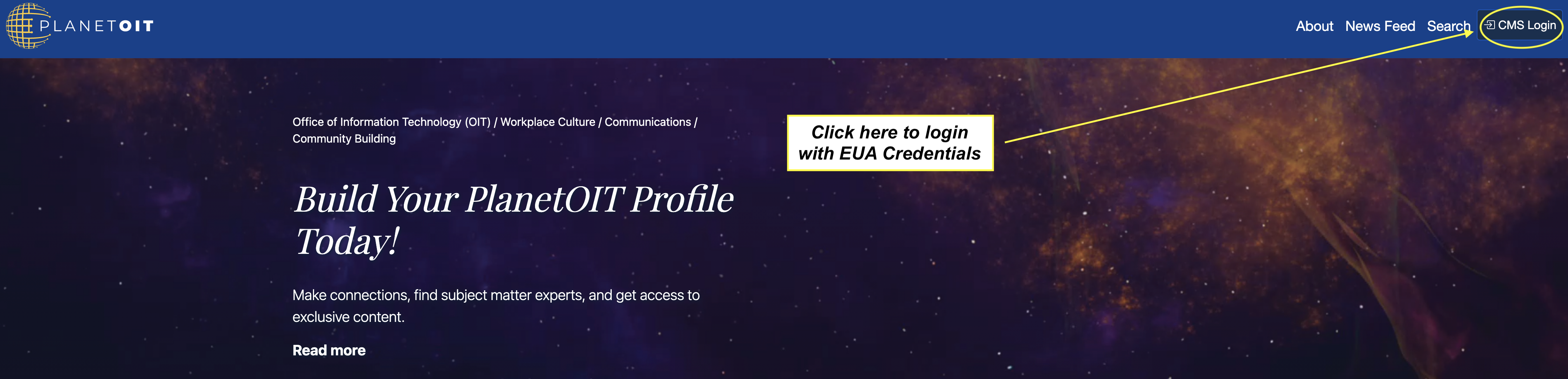 Image of PlanetOIT website homepage with arrow pointing to CMS login button at upper right corner of page with text "Click here to login with EUA credentials."